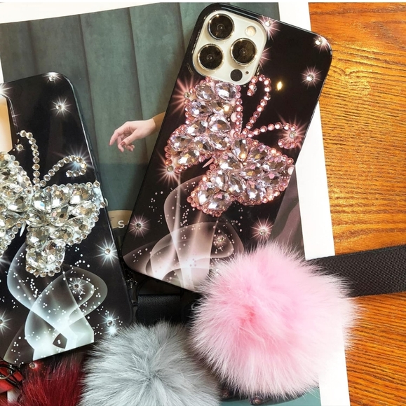 iPhone 13 ProMax Girly 3D Rhinestone Bling Butterfly & Fuzzy Ball Phone Case - Picture 5 of 6